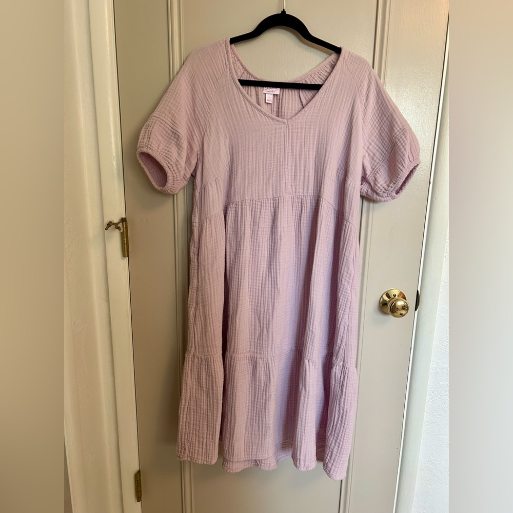 Isabel Maternity Purple Puff Sleeve Gauzy V-Neck Tiered Maternity Dress